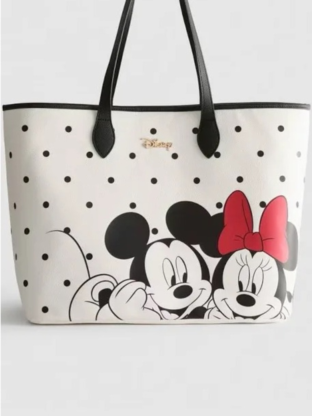 Primark White and Black Polka Dot Disney Tote with Red Bow Accent